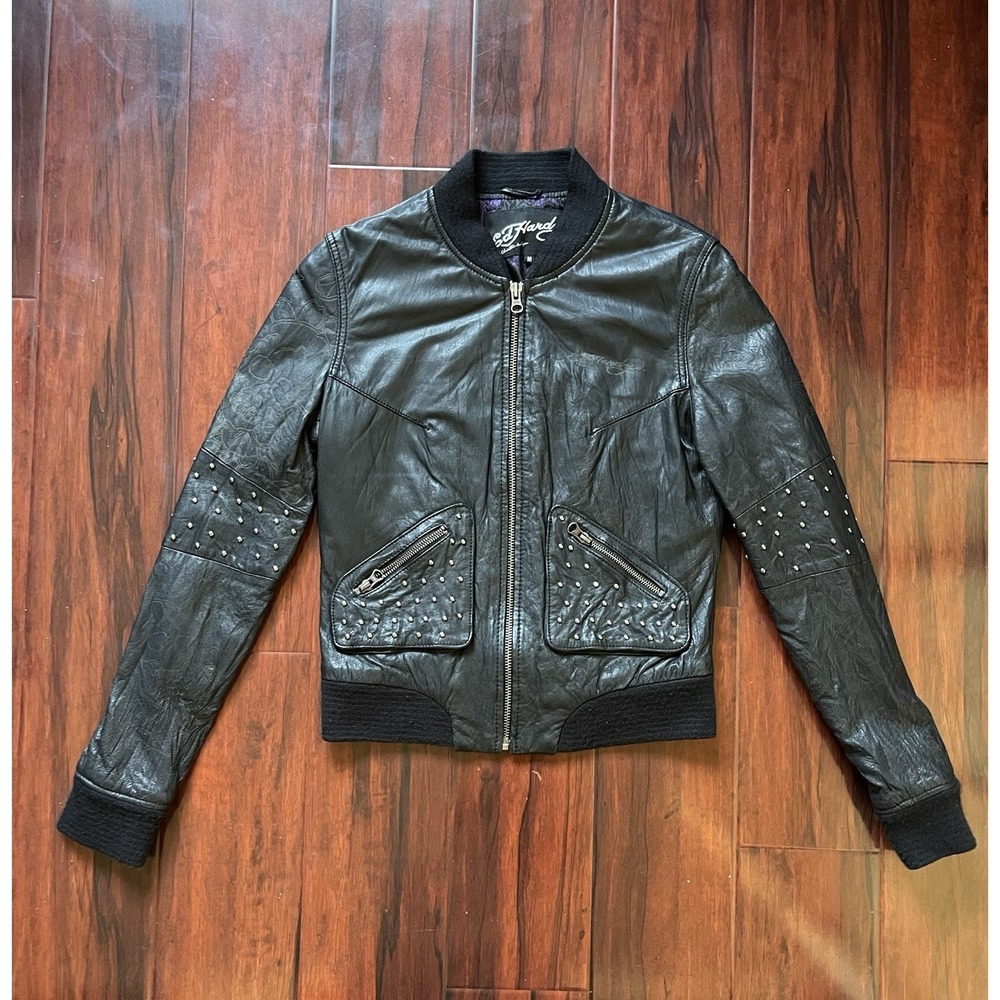 Ed Hardy Kidskin Studded Genuine Leather Jacket Women's Size Medium Preowned